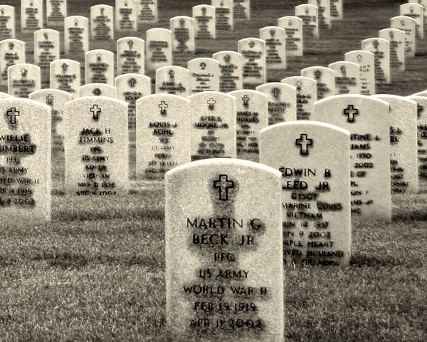 Rows of headstones in the rain